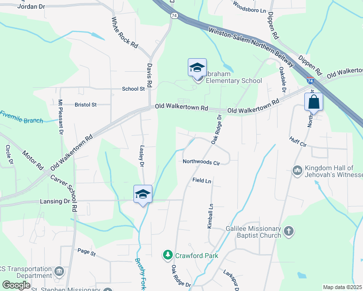 map of restaurants, bars, coffee shops, grocery stores, and more near 66 Northwoods Circle in Winston-Salem