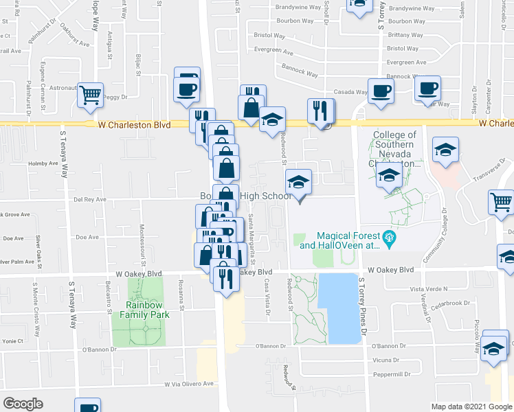 map of restaurants, bars, coffee shops, grocery stores, and more near 1403 Santa Margarita Street in Las Vegas