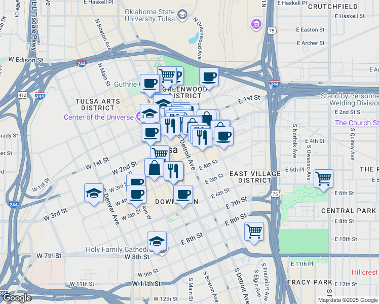 map of restaurants, bars, coffee shops, grocery stores, and more near 281 South Cincinnati Avenue in Tulsa