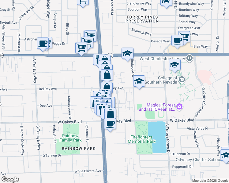 map of restaurants, bars, coffee shops, grocery stores, and more near 1400 Santa Margarita Street in Las Vegas