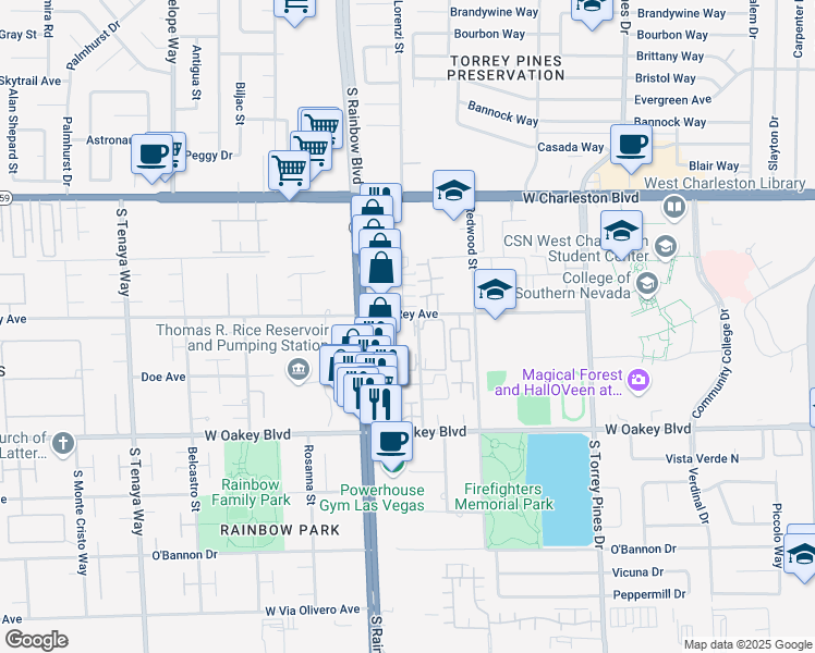 map of restaurants, bars, coffee shops, grocery stores, and more near 1400 Santa Margarita Street in Las Vegas