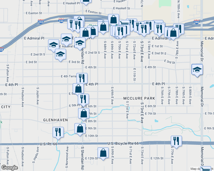 map of restaurants, bars, coffee shops, grocery stores, and more near 6808 East 4th Place in Tulsa