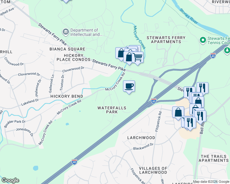 map of restaurants, bars, coffee shops, grocery stores, and more near 116 Centerview Drive in Nashville