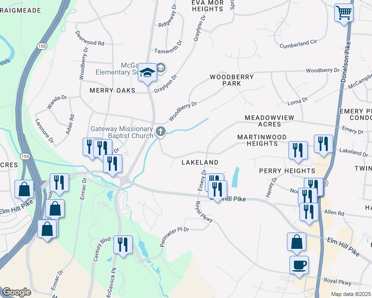 map of restaurants, bars, coffee shops, grocery stores, and more near 2555 Lakeland Drive in Nashville