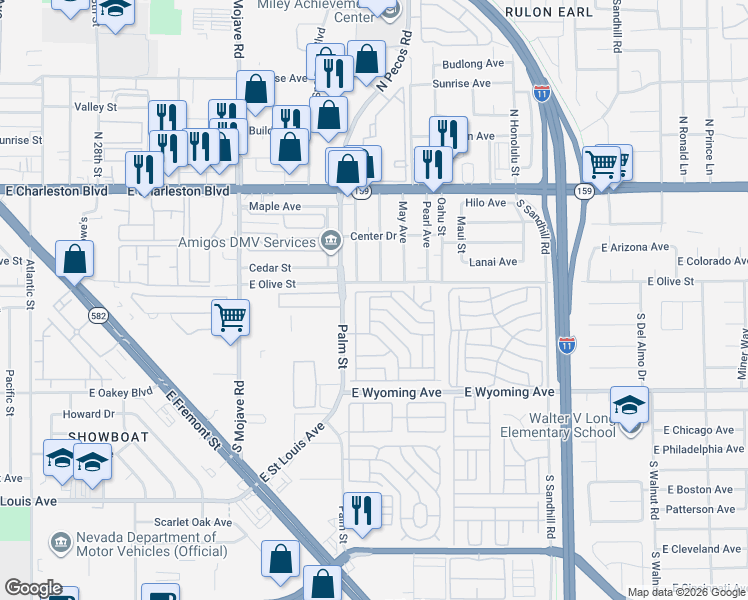 map of restaurants, bars, coffee shops, grocery stores, and more near 1624 Palm Street in Las Vegas