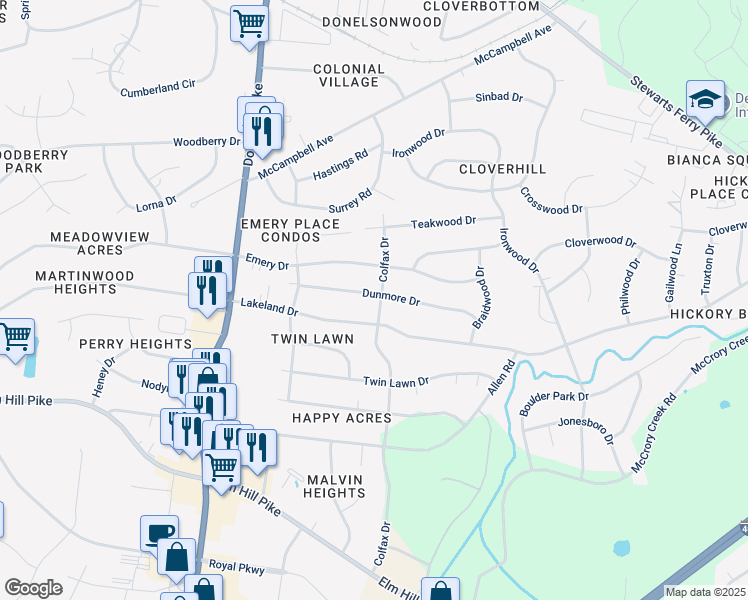 map of restaurants, bars, coffee shops, grocery stores, and more near 2842 Lakeland Drive in Nashville