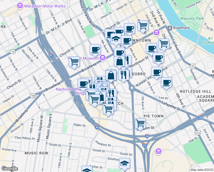 map of restaurants, bars, coffee shops, grocery stores, and more near 209 10th Avenue South in Nashville