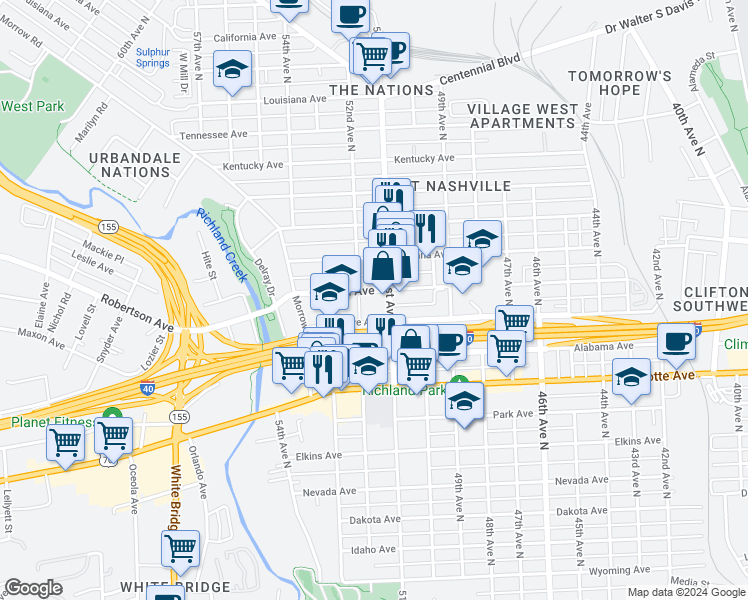 map of restaurants, bars, coffee shops, grocery stores, and more near 5110 Delaware Avenue in Nashville