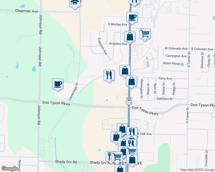 map of restaurants, bars, coffee shops, grocery stores, and more near 3200 South Thompson Street in Springdale