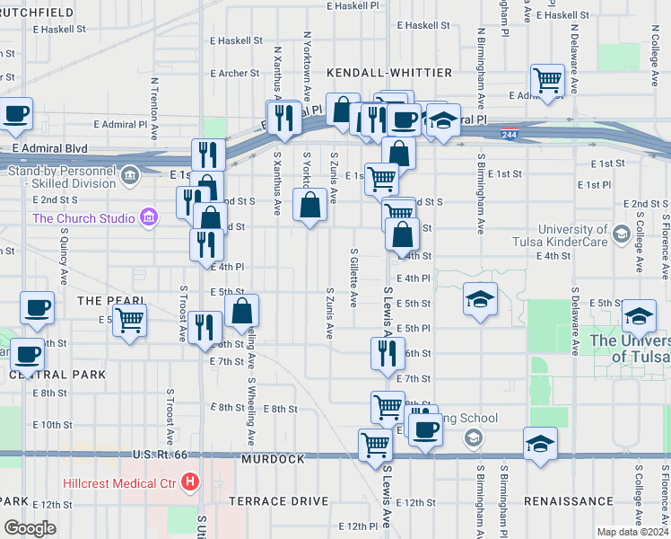 map of restaurants, bars, coffee shops, grocery stores, and more near 364 South Zunis Avenue in Tulsa