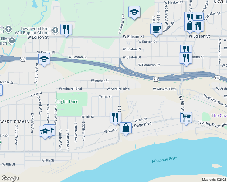 map of restaurants, bars, coffee shops, grocery stores, and more near 3321 West 1st Street in Tulsa