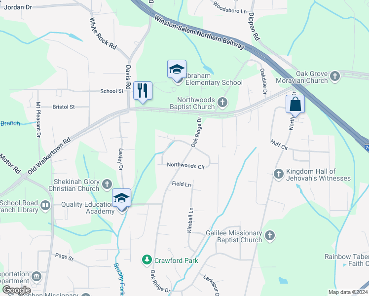 map of restaurants, bars, coffee shops, grocery stores, and more near 4634 Oak Ridge Drive in Winston-Salem