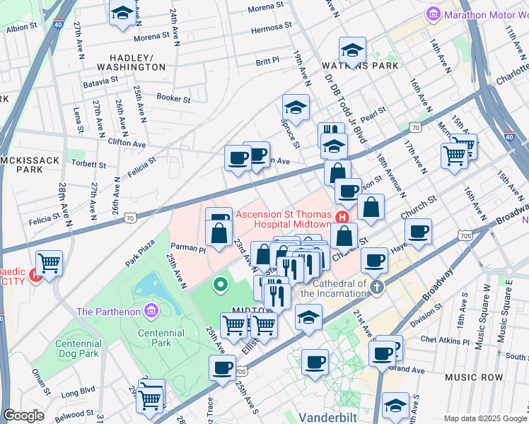 map of restaurants, bars, coffee shops, grocery stores, and more near 2200 Murphy Avenue in Nashville