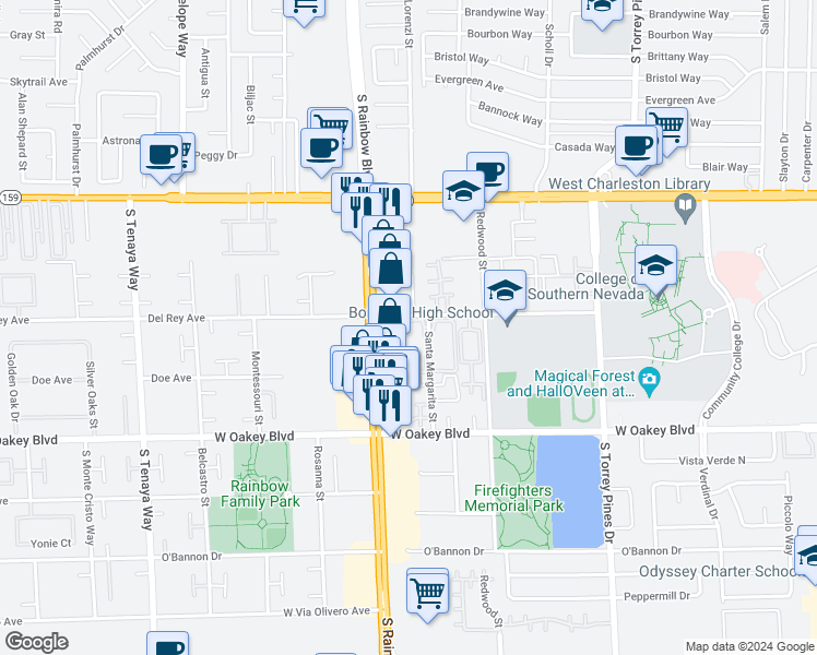 map of restaurants, bars, coffee shops, grocery stores, and more near 1402 Santa Margarita Street in Las Vegas