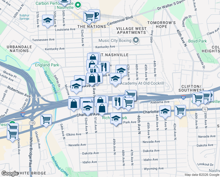 map of restaurants, bars, coffee shops, grocery stores, and more near 607 49th Avenue North in Nashville