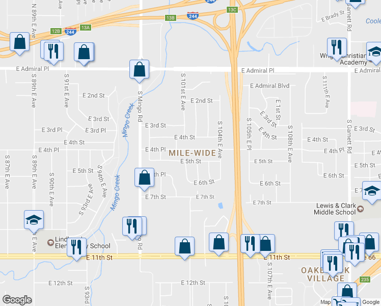 map of restaurants, bars, coffee shops, grocery stores, and more near 10126 East 4th Place in Tulsa