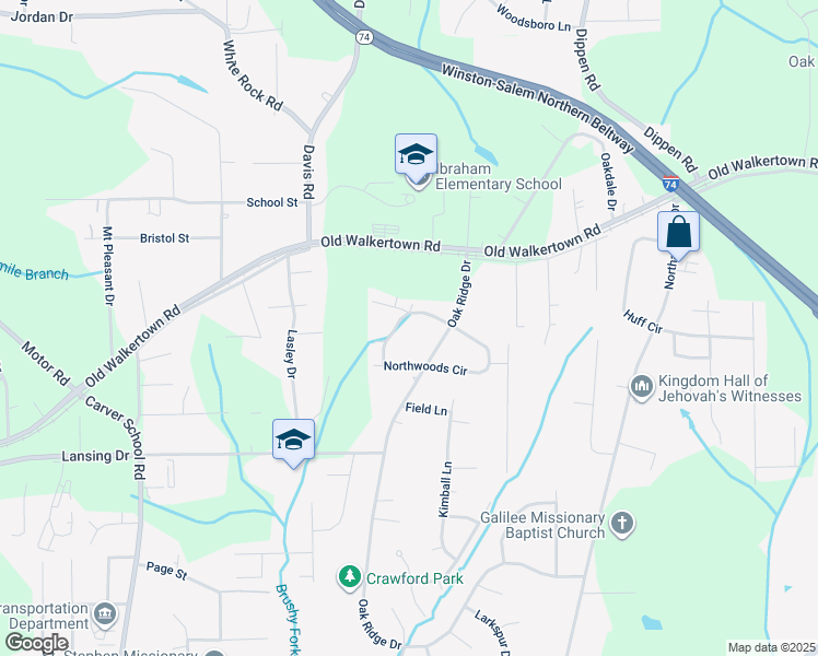 map of restaurants, bars, coffee shops, grocery stores, and more near 55 Northwoods Circle in Winston-Salem