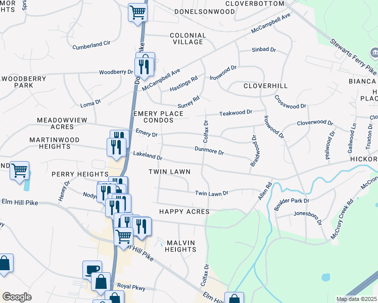 map of restaurants, bars, coffee shops, grocery stores, and more near 2842 Lakeland Drive in Nashville