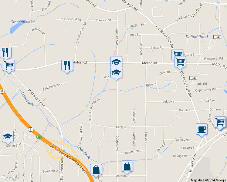 map of restaurants, bars, coffee shops, grocery stores, and more near 4500 Ogburn Avenue in Winston Salem