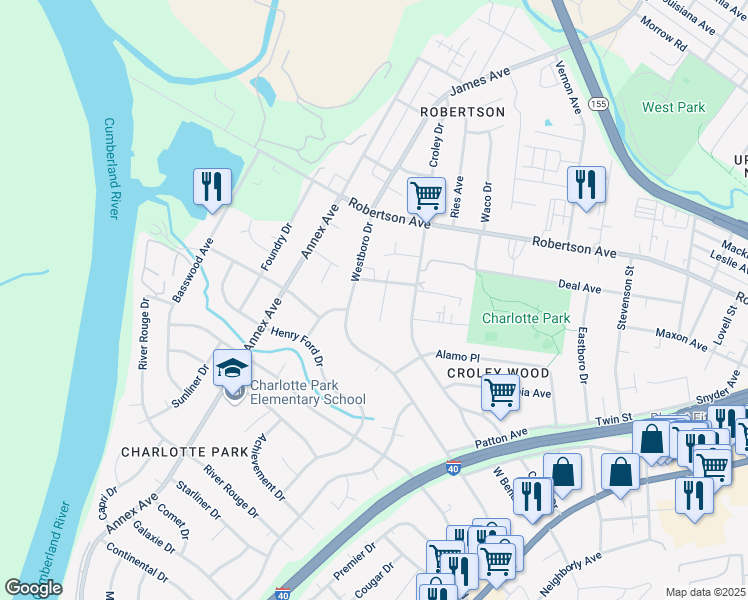 map of restaurants, bars, coffee shops, grocery stores, and more near 627 Freedom Place in Nashville