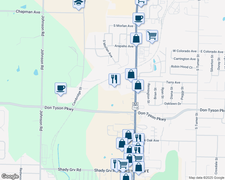 map of restaurants, bars, coffee shops, grocery stores, and more near 3200 S Thompson St in Springdale