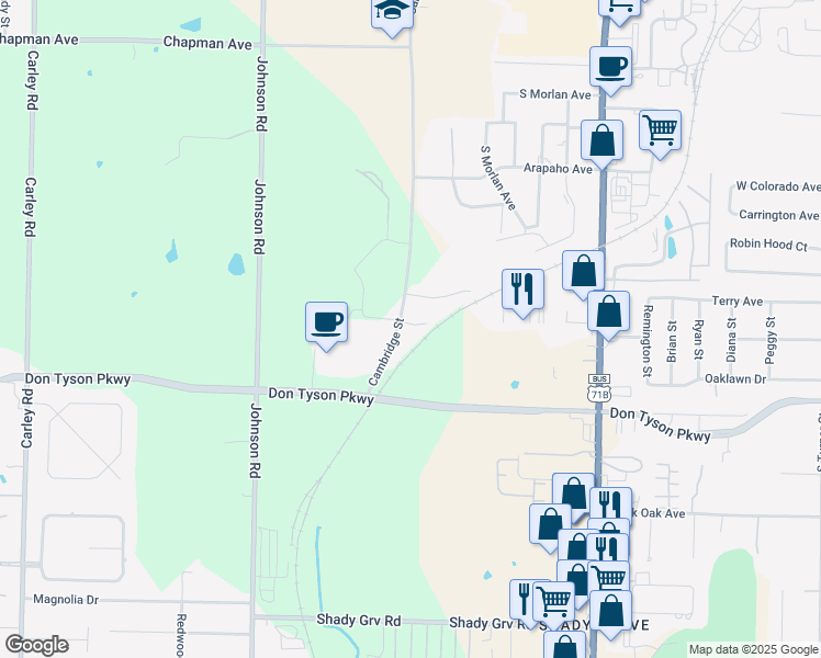 map of restaurants, bars, coffee shops, grocery stores, and more near 1847 Cambridge Park Place in Springdale