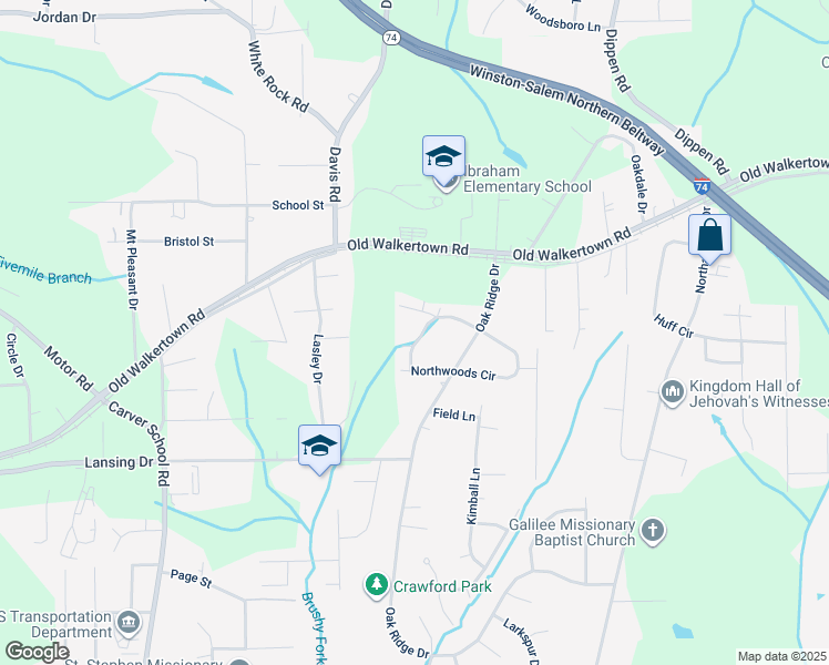 map of restaurants, bars, coffee shops, grocery stores, and more near 64 Northwoods Circle in Winston-Salem