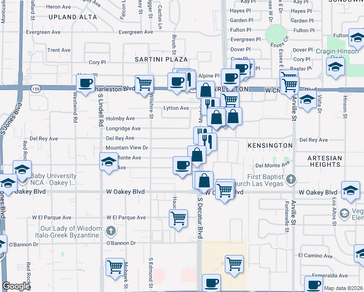 map of restaurants, bars, coffee shops, grocery stores, and more near 5128 Mountain View Drive in Las Vegas
