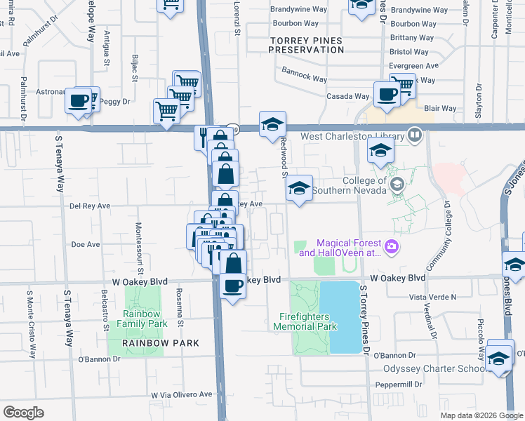 map of restaurants, bars, coffee shops, grocery stores, and more near 1415 Santa Margarita Street in Las Vegas