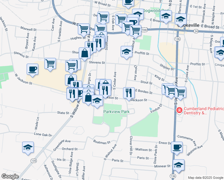 map of restaurants, bars, coffee shops, grocery stores, and more near 417 South Cedar Avenue in Cookeville