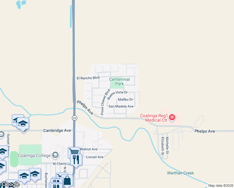 map of restaurants, bars, coffee shops, grocery stores, and more near 441 Malibu Drive in Coalinga