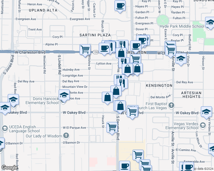 map of restaurants, bars, coffee shops, grocery stores, and more near 5128 Mountain View Drive in Las Vegas