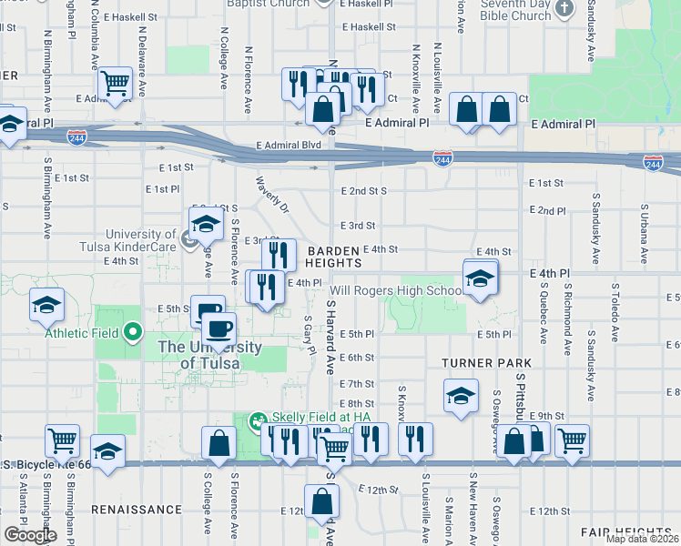 map of restaurants, bars, coffee shops, grocery stores, and more near 441 South Harvard Avenue in Tulsa