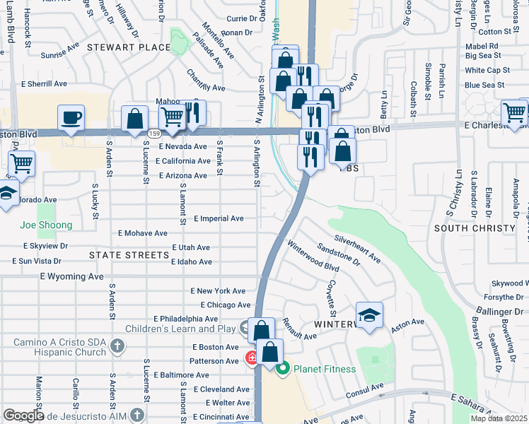 map of restaurants, bars, coffee shops, grocery stores, and more near 1405 South Nellis Boulevard in Las Vegas