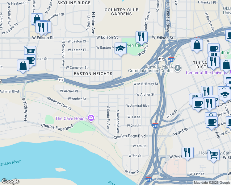 map of restaurants, bars, coffee shops, grocery stores, and more near 21 North Rosedale Avenue in Tulsa