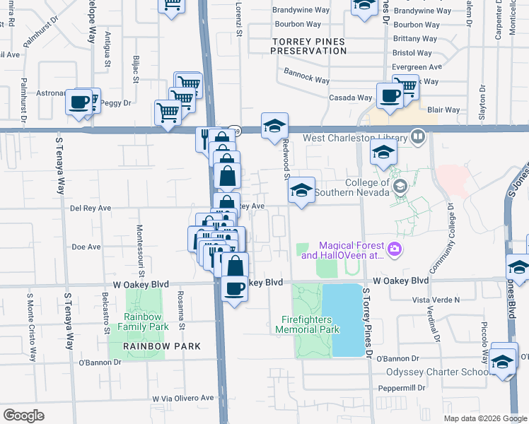map of restaurants, bars, coffee shops, grocery stores, and more near 1415 Santa Margarita Street in Las Vegas