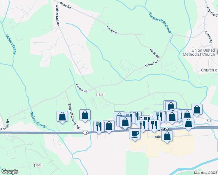 map of restaurants, bars, coffee shops, grocery stores, and more near 1275 Congo Road in Wilkesboro