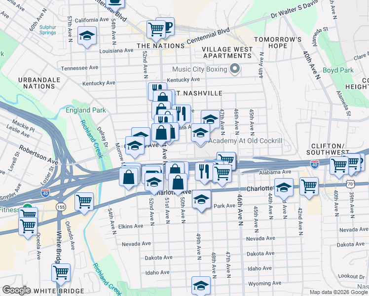 map of restaurants, bars, coffee shops, grocery stores, and more near 4908 Delaware Avenue in Nashville