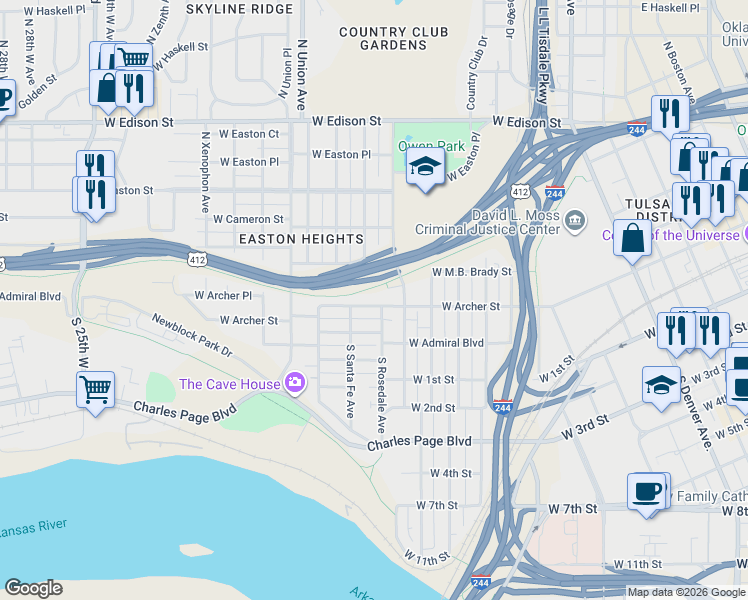map of restaurants, bars, coffee shops, grocery stores, and more near 21 North Rosedale Avenue in Tulsa