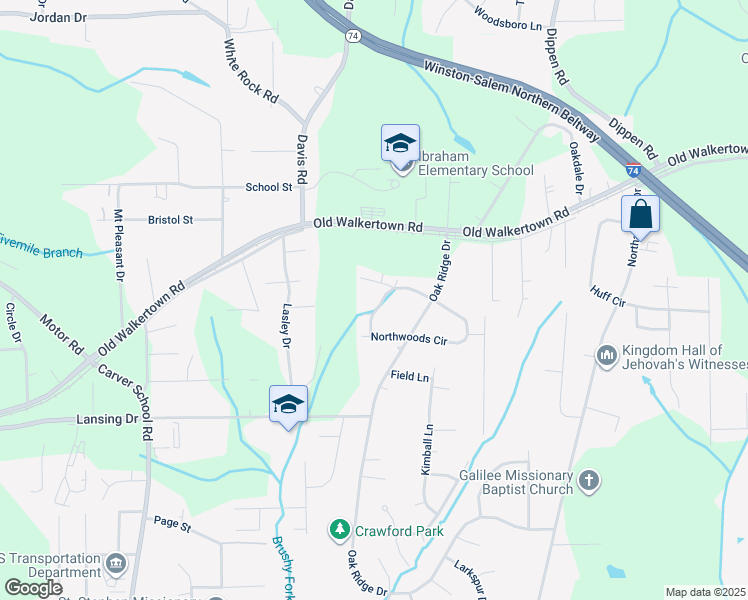 map of restaurants, bars, coffee shops, grocery stores, and more near 64 Northwoods Circle in Winston-Salem