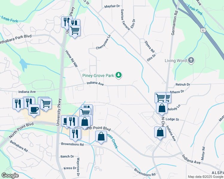 map of restaurants, bars, coffee shops, grocery stores, and more near 4715 Indiana Avenue in Winston-Salem