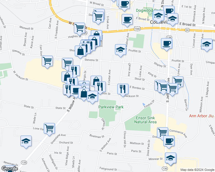 map of restaurants, bars, coffee shops, grocery stores, and more near 415 South Cedar Avenue in Cookeville
