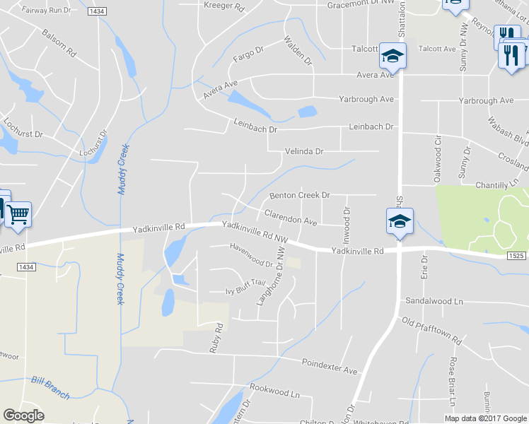 map of restaurants, bars, coffee shops, grocery stores, and more near 4025 Clarendon Avenue in Winston-Salem