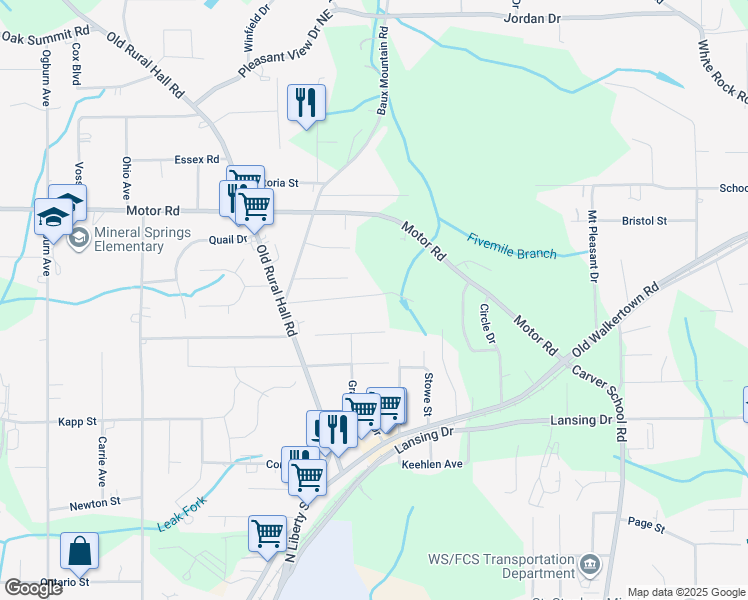 map of restaurants, bars, coffee shops, grocery stores, and more near 1288 Opportunity Road in Winston-Salem