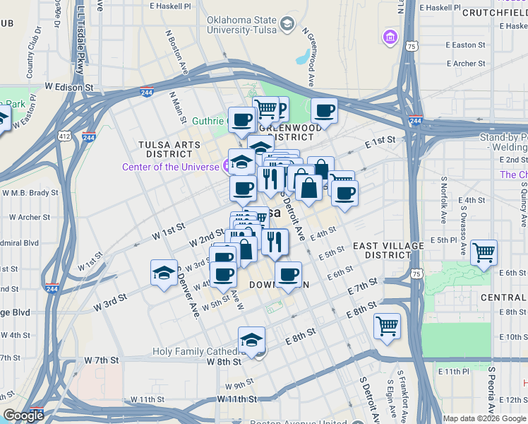 map of restaurants, bars, coffee shops, grocery stores, and more near in Tulsa