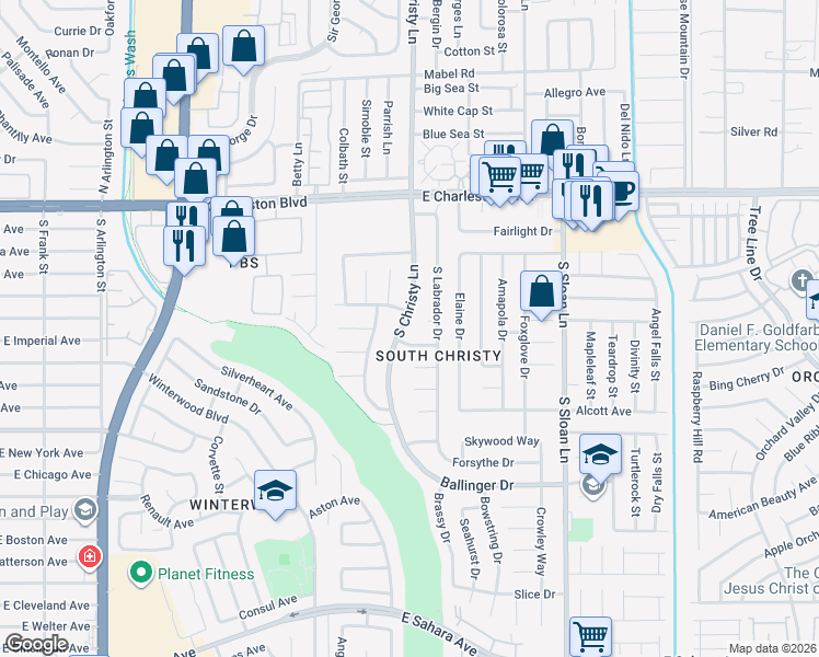 map of restaurants, bars, coffee shops, grocery stores, and more near 1528 South Christy Lane in Las Vegas