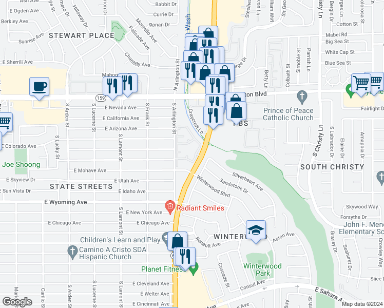 map of restaurants, bars, coffee shops, grocery stores, and more near 1405 South Nellis Boulevard in Las Vegas
