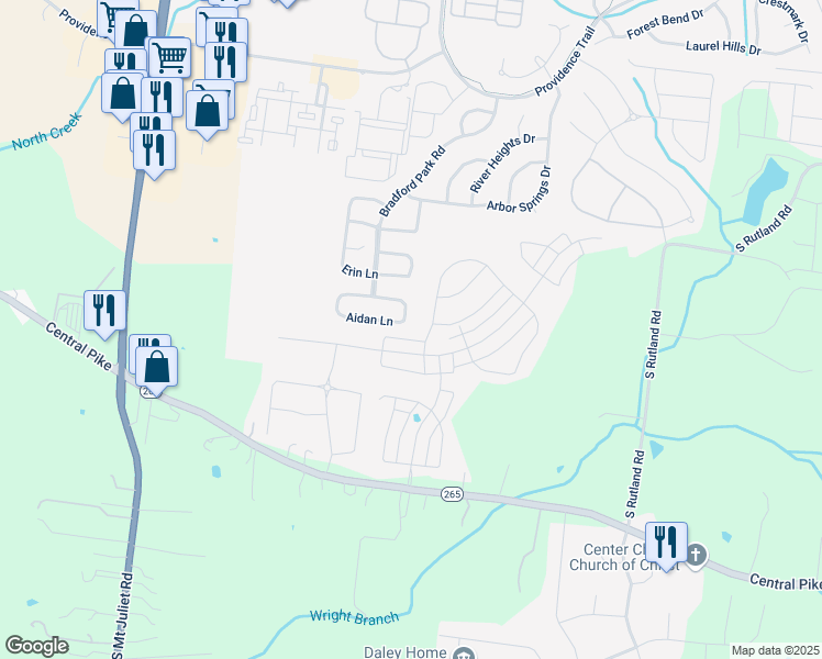 map of restaurants, bars, coffee shops, grocery stores, and more near 3167 Aidan Lane in Mt. Juliet