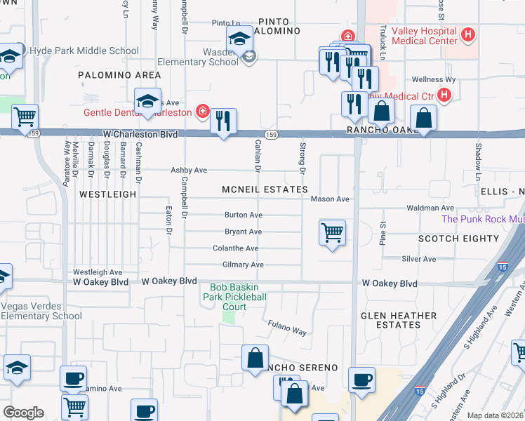 map of restaurants, bars, coffee shops, grocery stores, and more near 1300 Cahlan Drive in Las Vegas