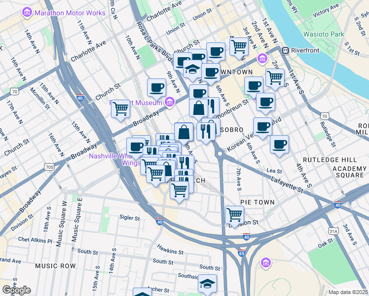 map of restaurants, bars, coffee shops, grocery stores, and more near 209 10th Avenue South in Nashville